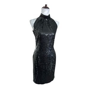 Vintage Nite Line Black Sequin High Neck Cutout Back Evening Dress Size 8